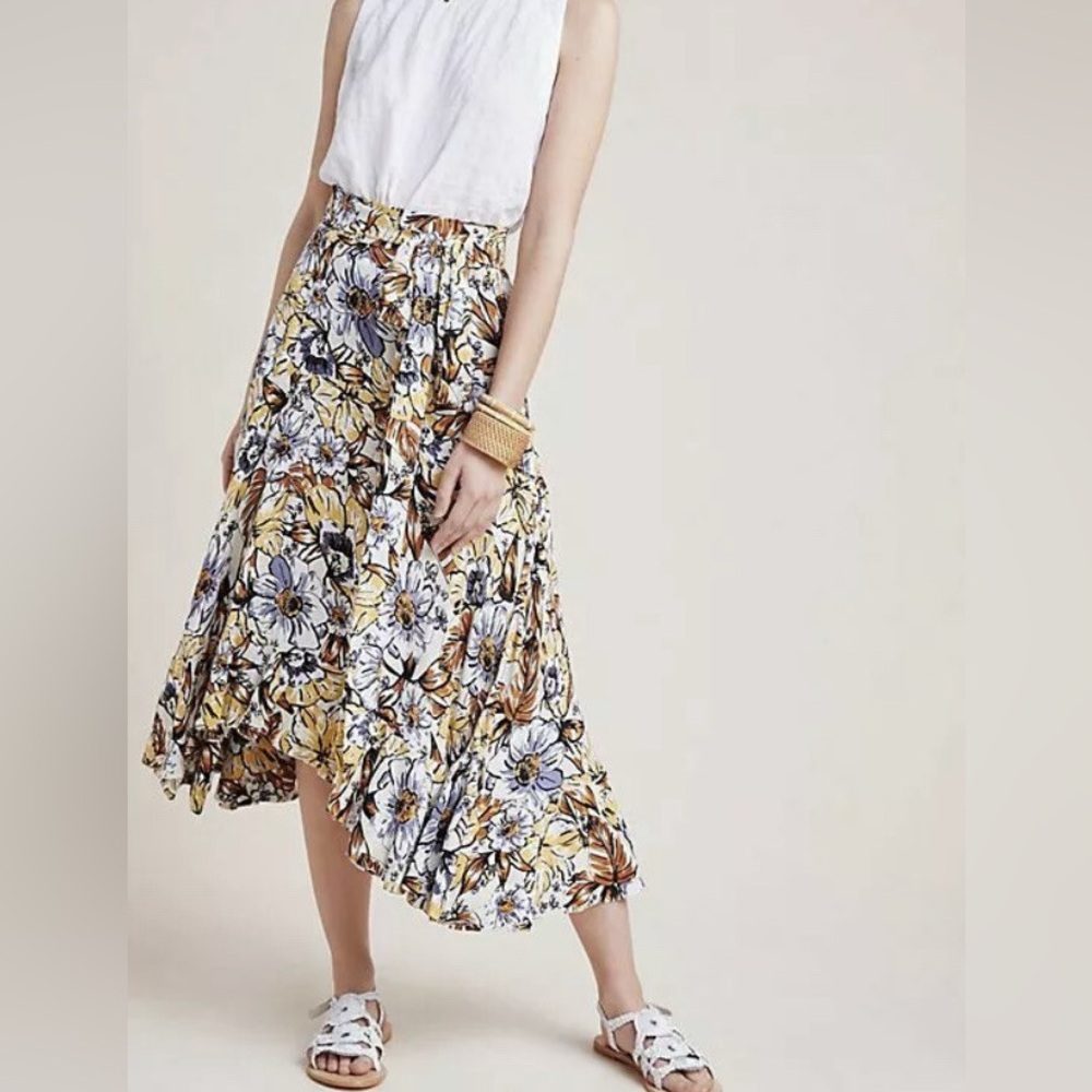 Faithfull Kamares Floral Midi ruffle Skirt in Yellow Brown Blue Fall size 4 / S